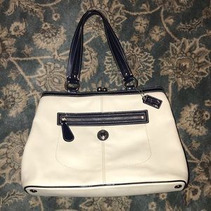 COACH White Leather Bag with Navy Blue Patent Leather Trim